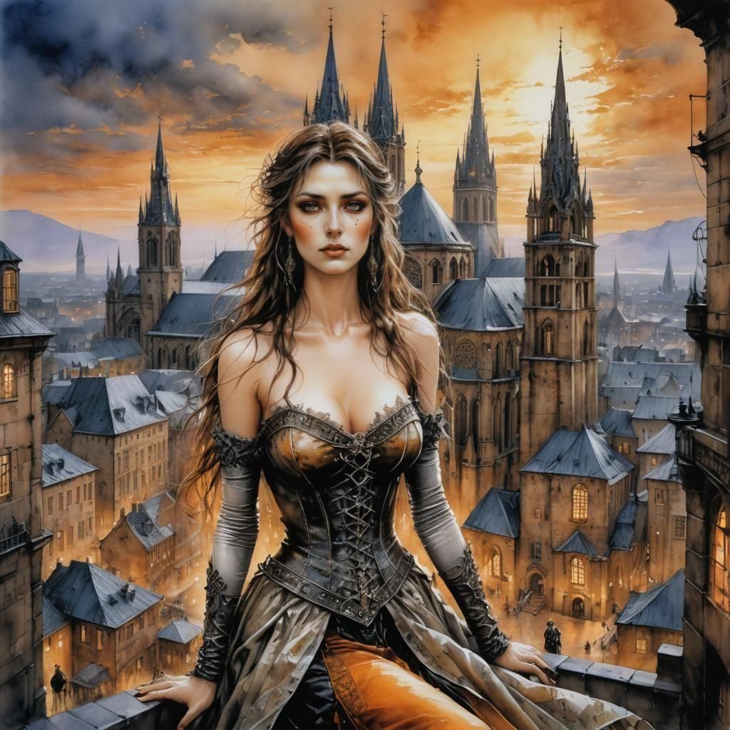 Woman in Impressionistic Cityscape, Watercolor Painting