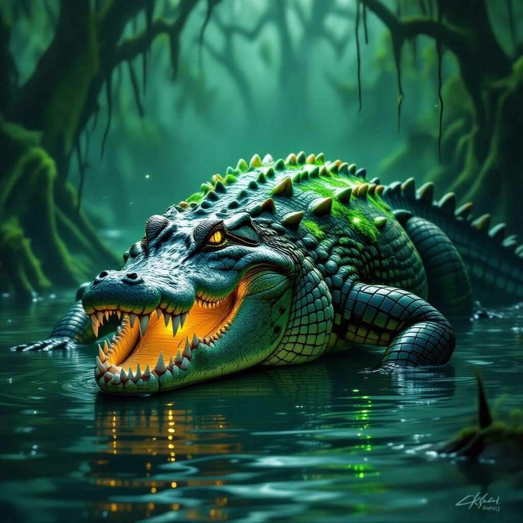 Fearsome Alligator-Crocodile Hybrid in Swamp