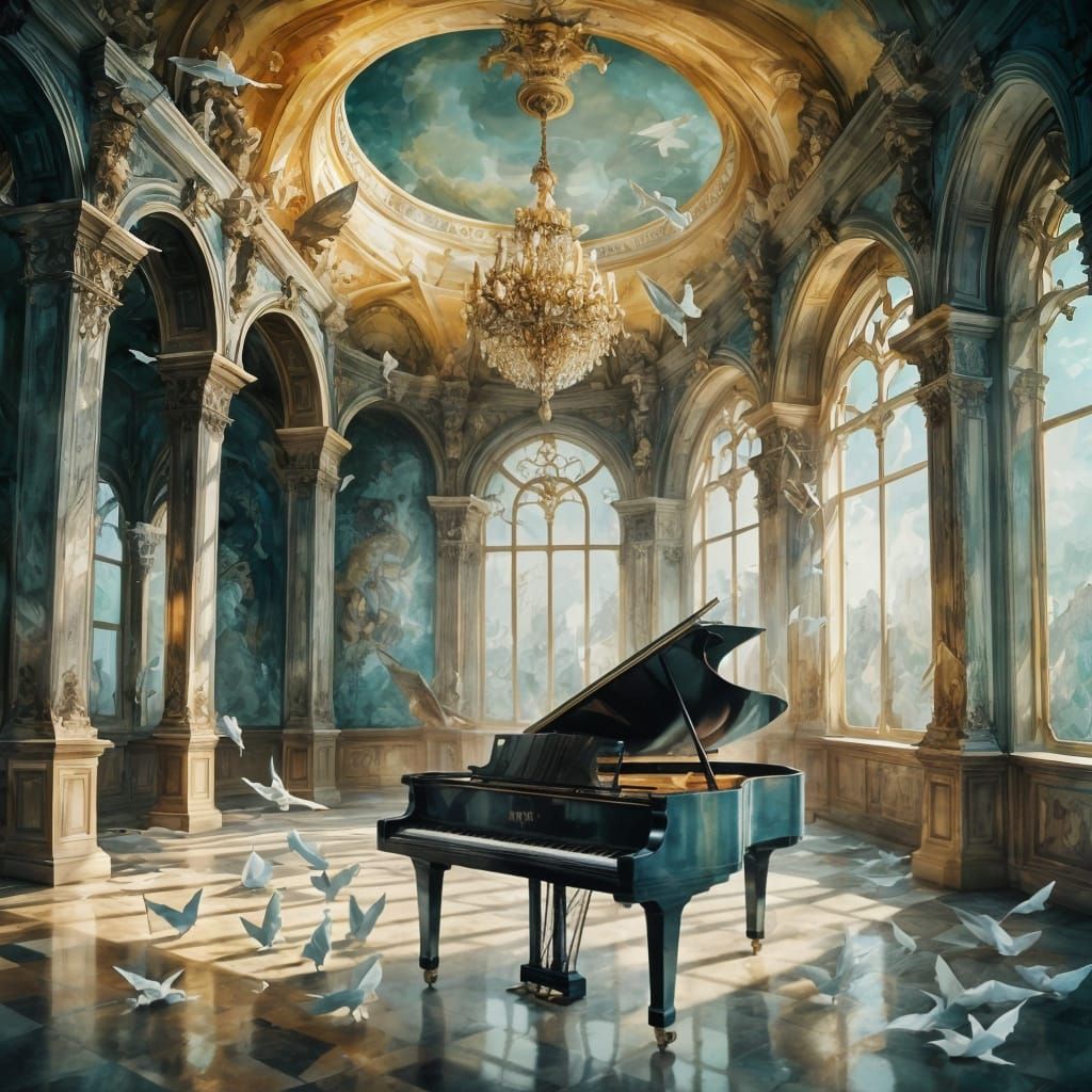 Origami Birds Take Flight From Piano in Surreal Ballroom