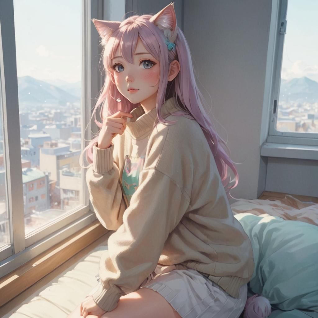 Anime Neko Girl Portrait with Cat Ears