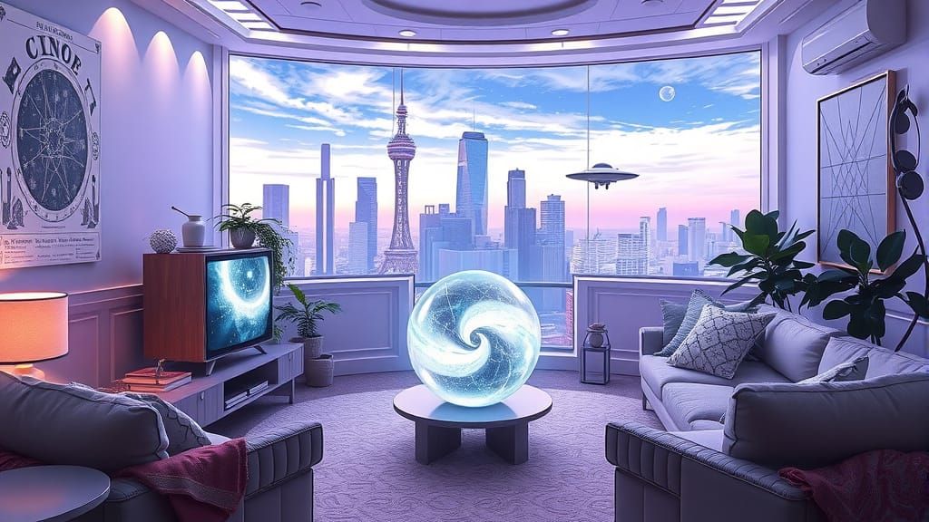 Cyberpunk Living Room with Pleiadian Glyphs