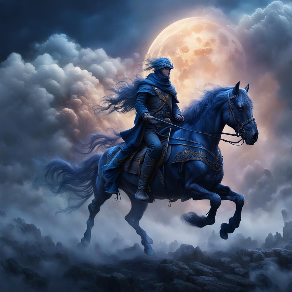 Mysterious Indigo Horse Rider in Detailed Matte Painting