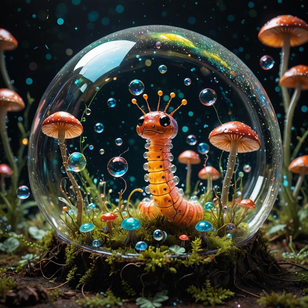 Polychrome Caterpillar on Bioluminescent Mushroom