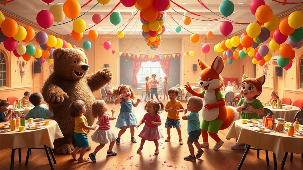 Joyful Children's Party Scene in Whimsical Style