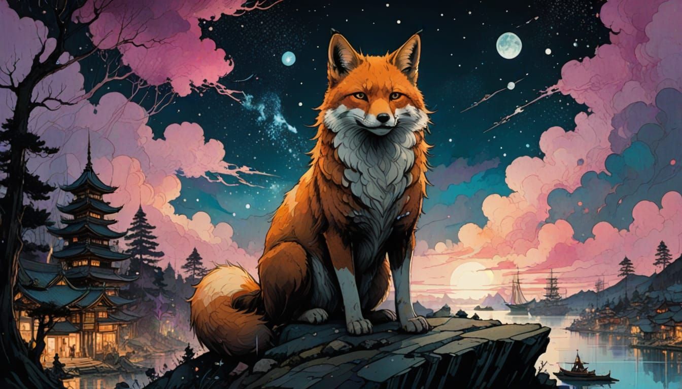 Majestic Japanese Kitsune Silhouette Against Vibrant Galaxy ...