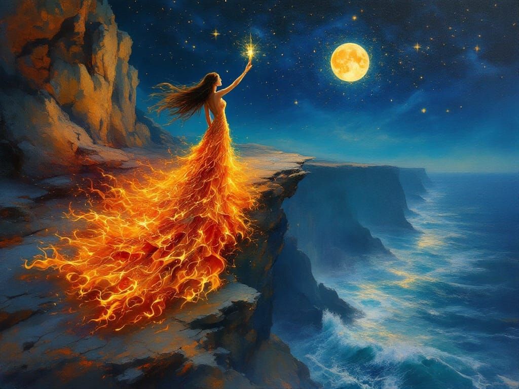 Cliffside Woman with Fire Gown as Impressionist Painting