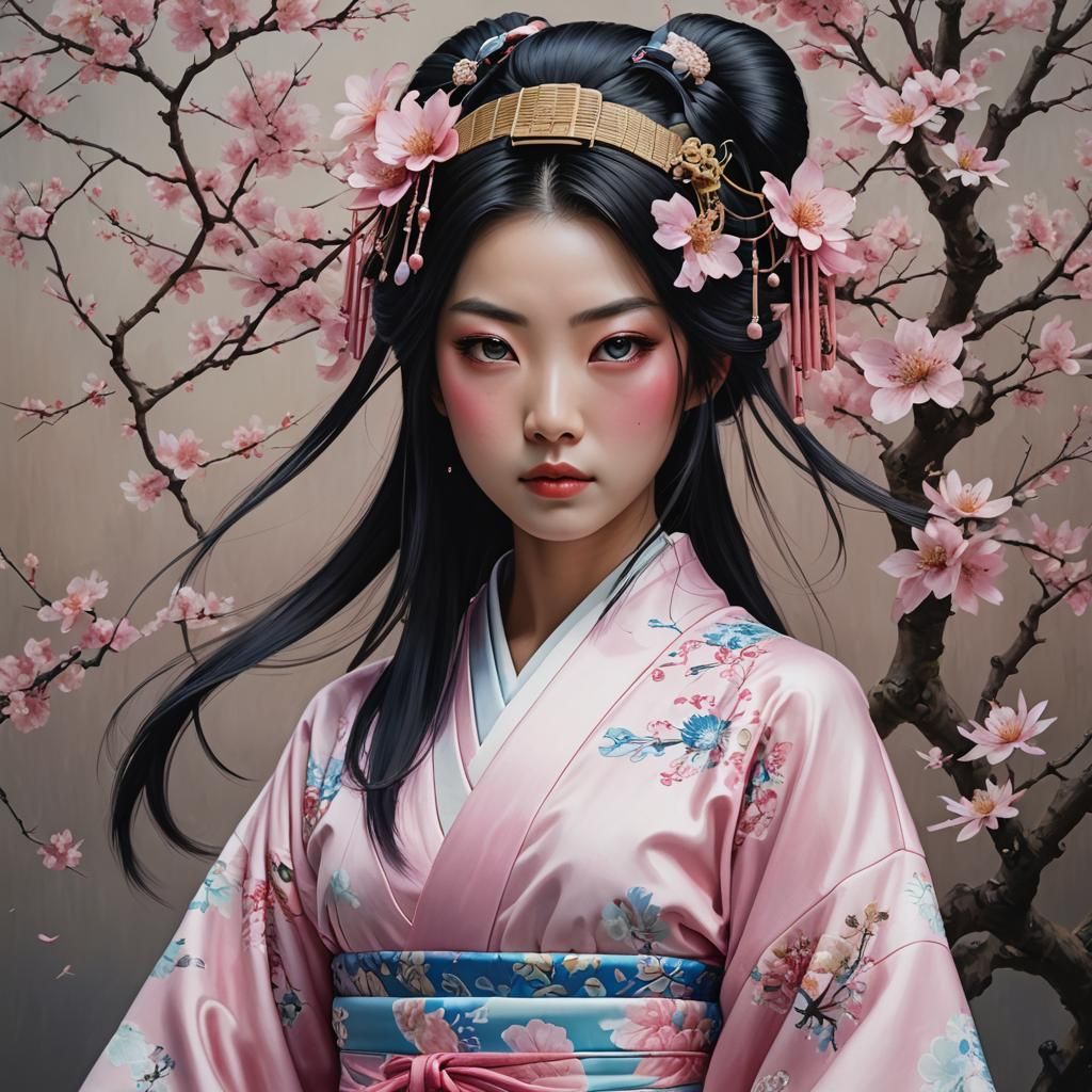 Hyperrealistic Portrait of a Geisha Superhero in Pink
