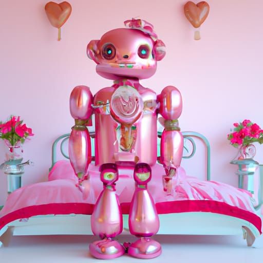 Adorable Pink Robot with Teddy Bear, Pixar Style