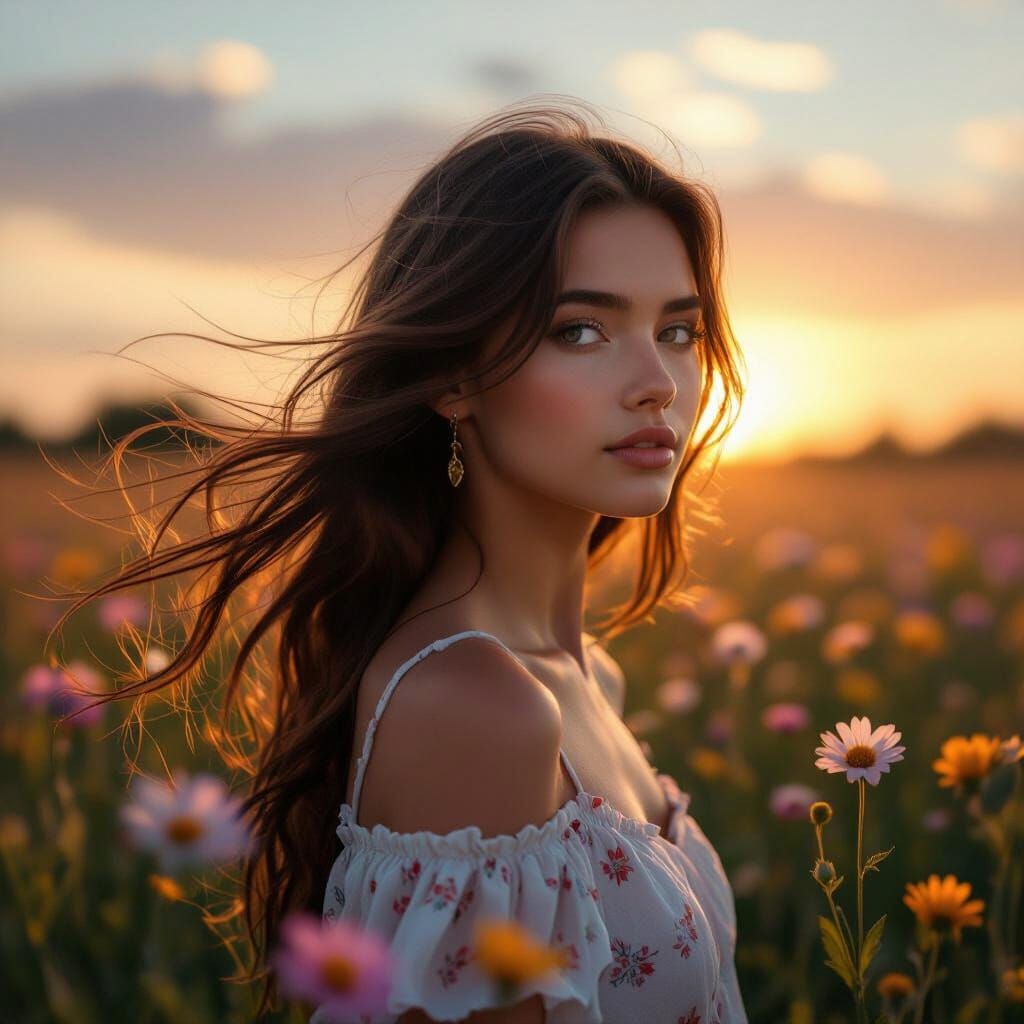 Woman in Flower Field Digital Painting