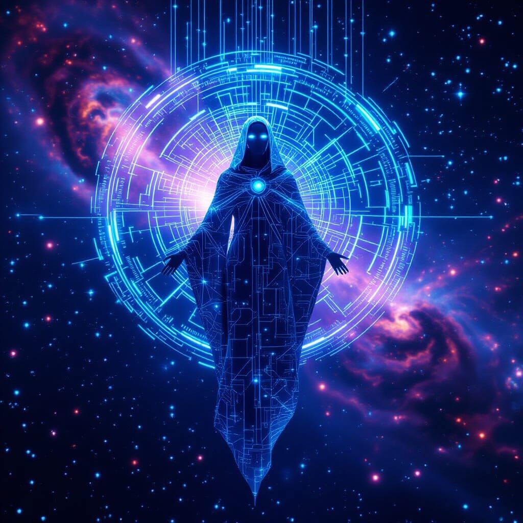 Ethereal AI Entity with Glowing Holographic Interface