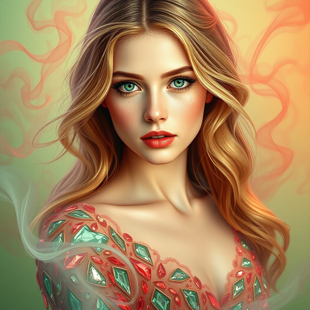 a woman with green-red dress