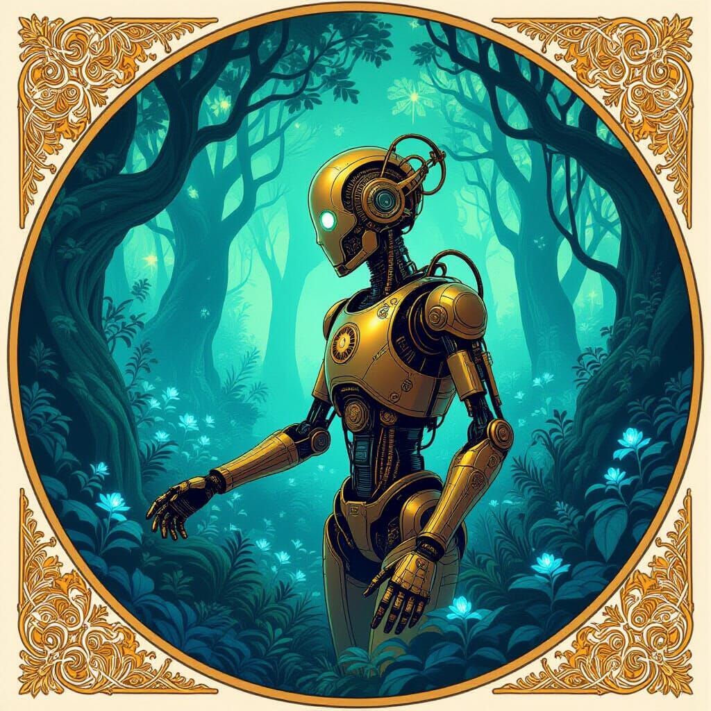 Automaton Exploring Bioluminescent Forest in Art Nouveau Sty...