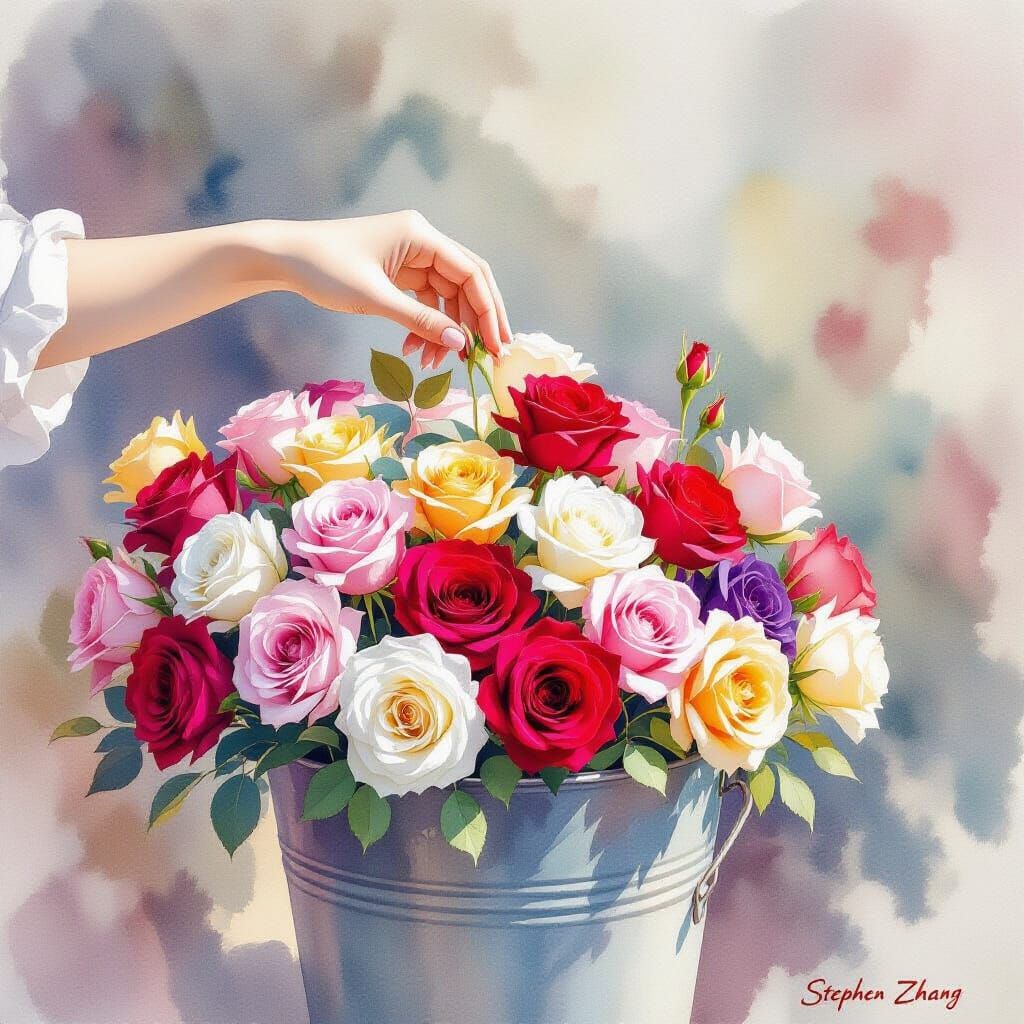 Elegant Hand Selecting Rose, Watercolor Style