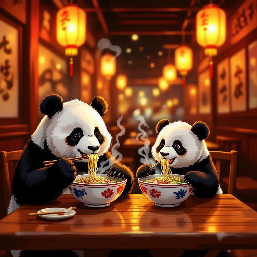 Pandas Enjoying Ramen in Atmospheric Chinese Restaurant