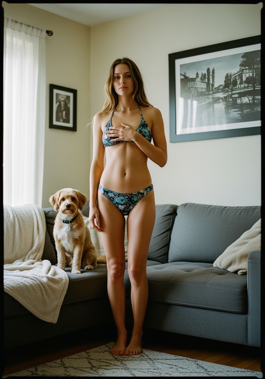 Woman in Bikini in Cozy Living Room