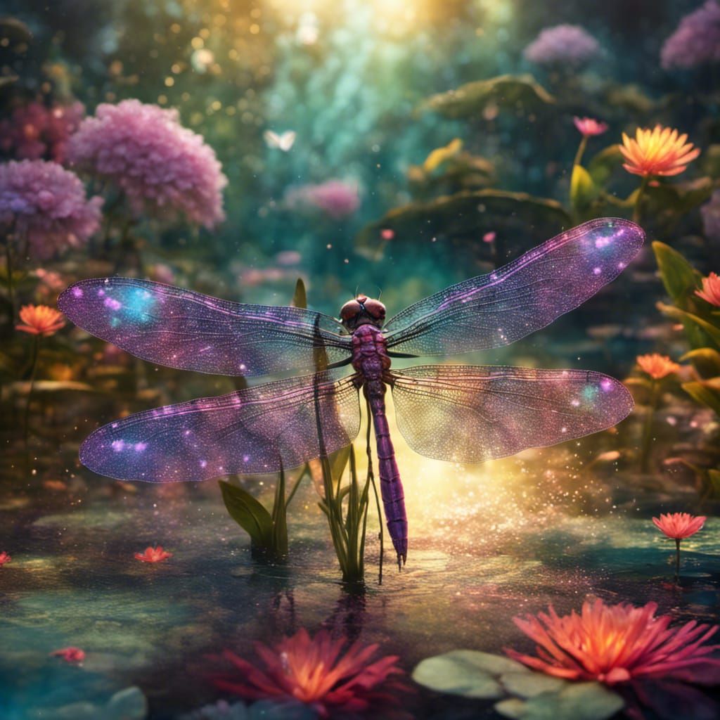 Magical Dragonfly Over Enchanted Pond Garden
