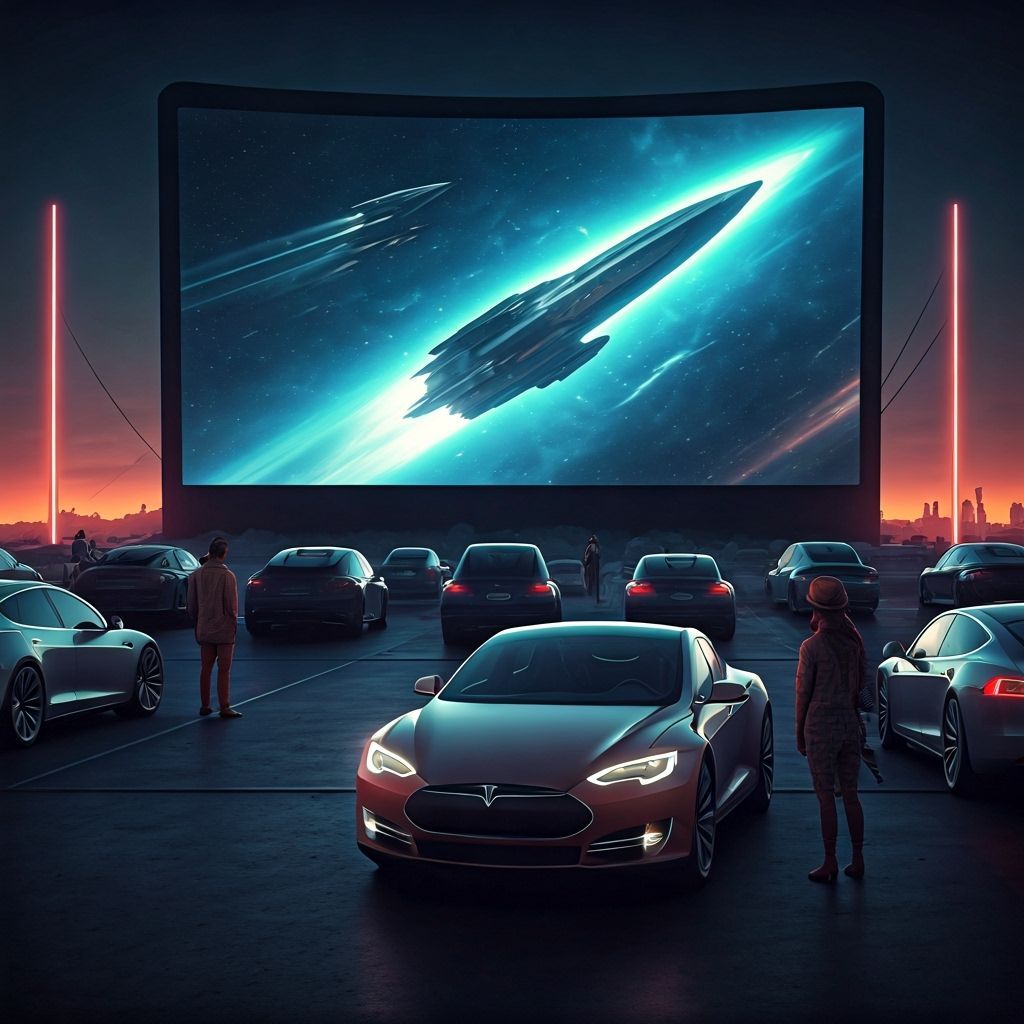 Retro-Futuristic Drive-In Theater with Flying Ships