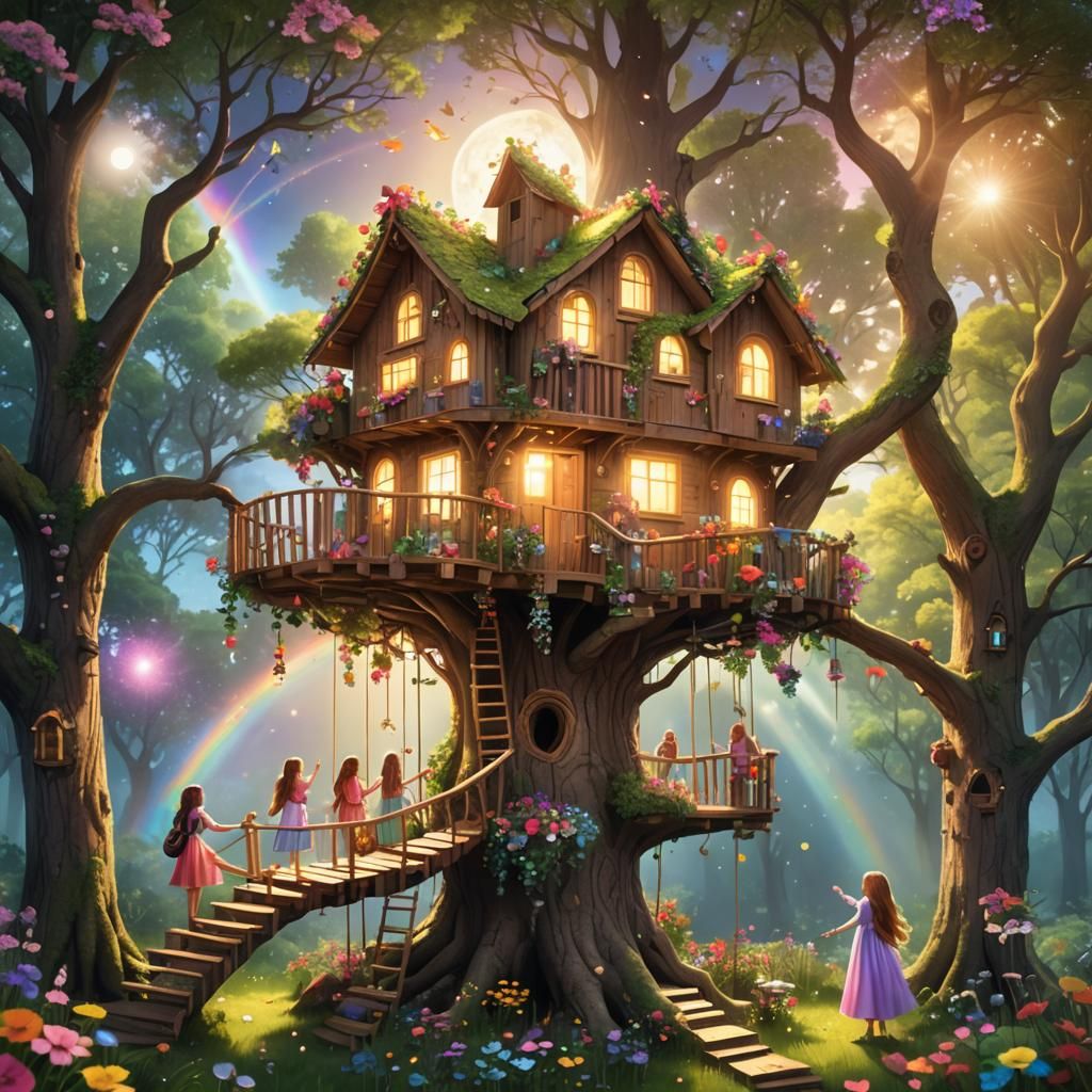 Fun Treehouse Party Under Moonlight