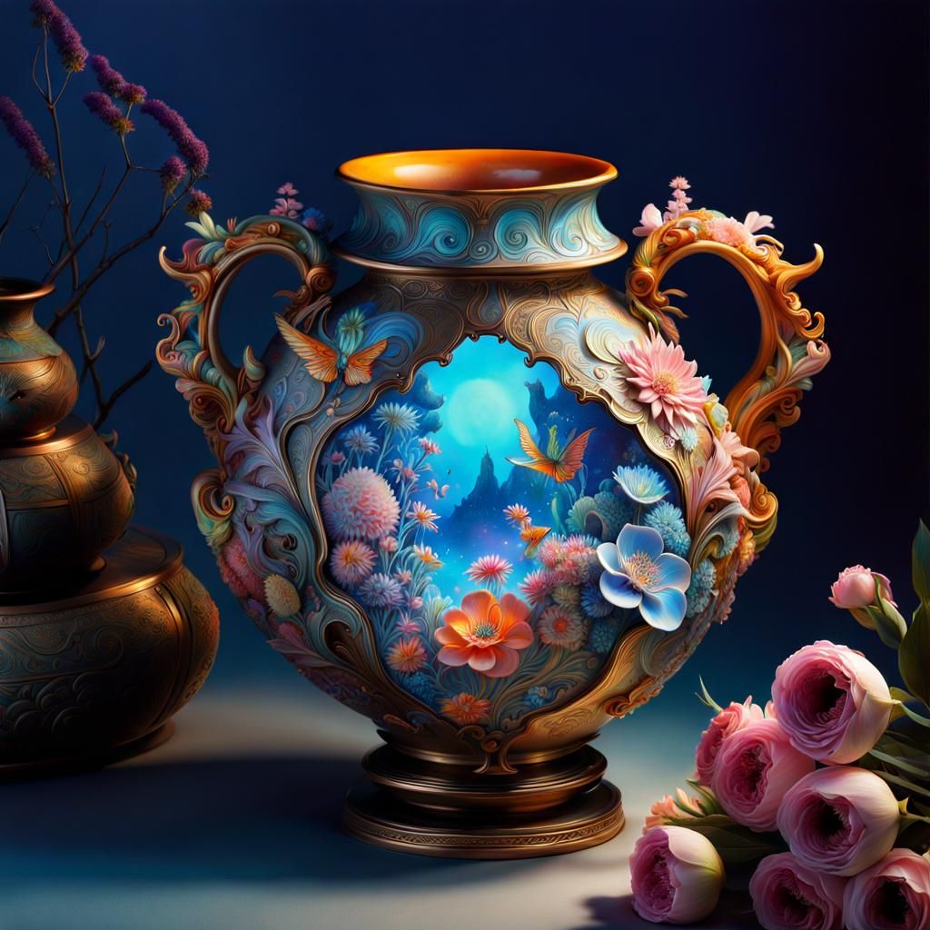 Bioluminescent Bouquet in Eccentric Pottery, Watercolor Styl...