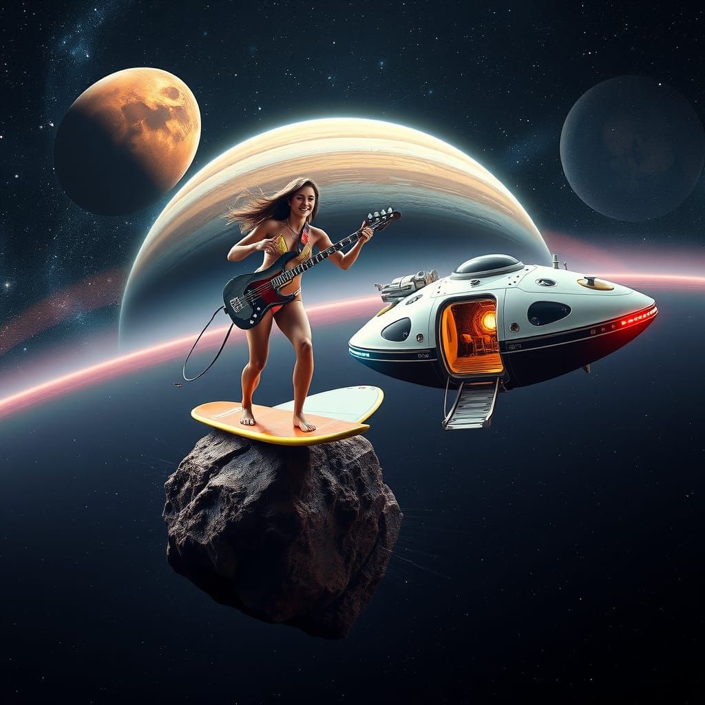 Astronaut Surfs Asteroid in Sci-Fi Galaxy Scene