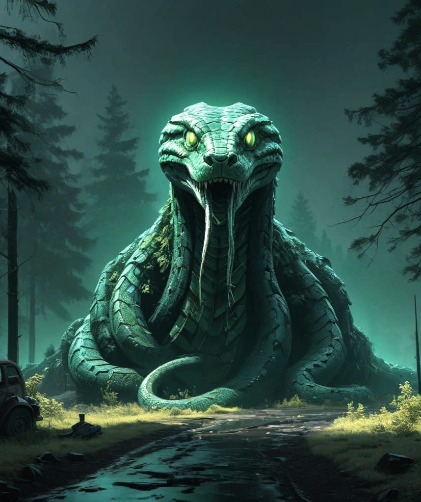 Epic Green Crystal Snake Idol in a Dark Foggy Landscape