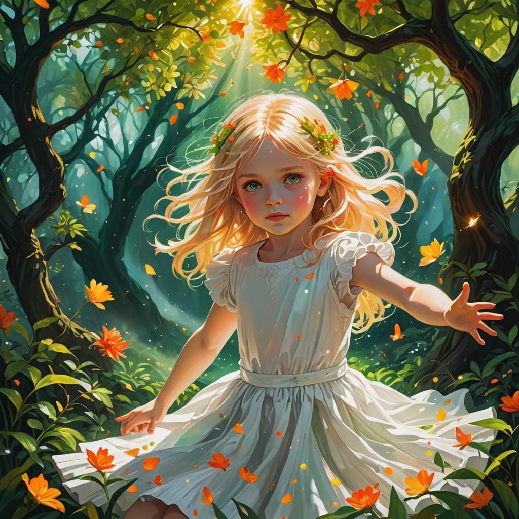 Child Touches Tree with Flowing Auras