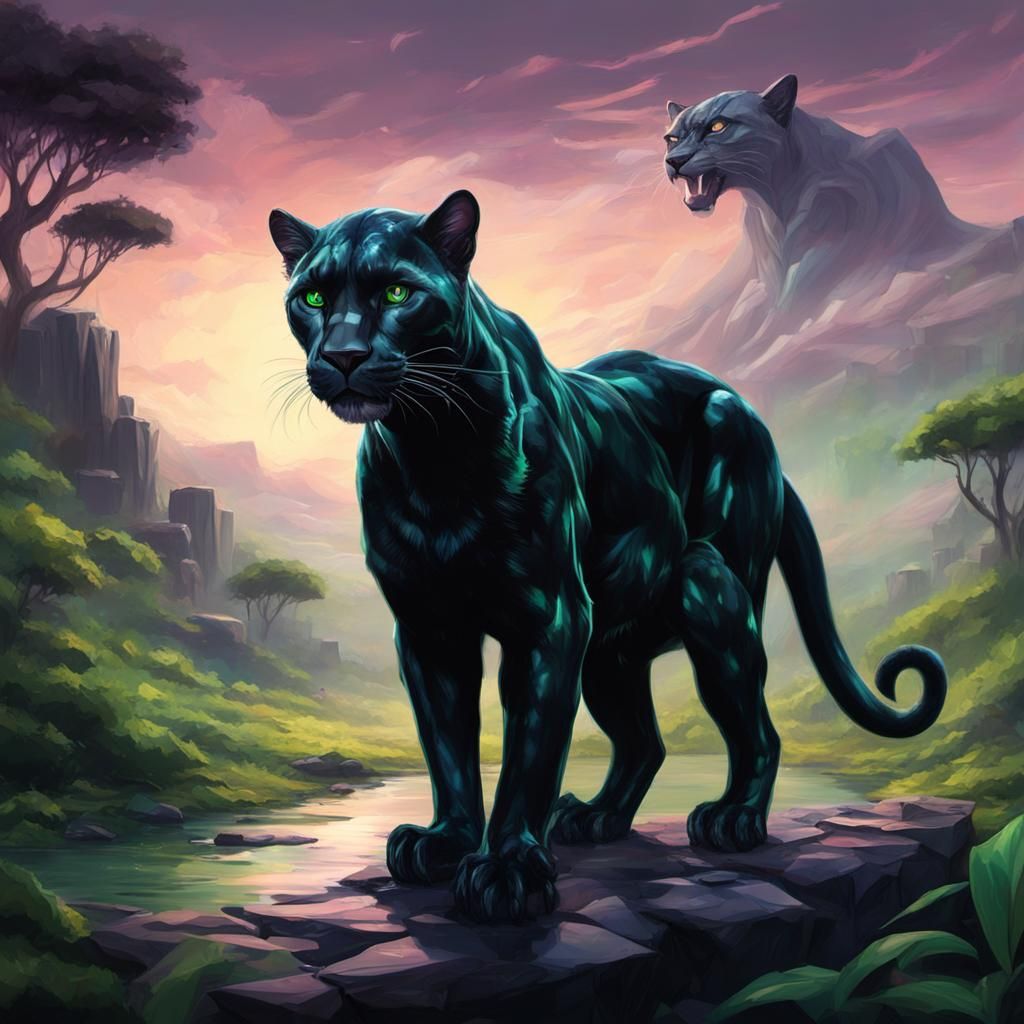 Glossy Black Panther with Green Eyes in Gothic Art