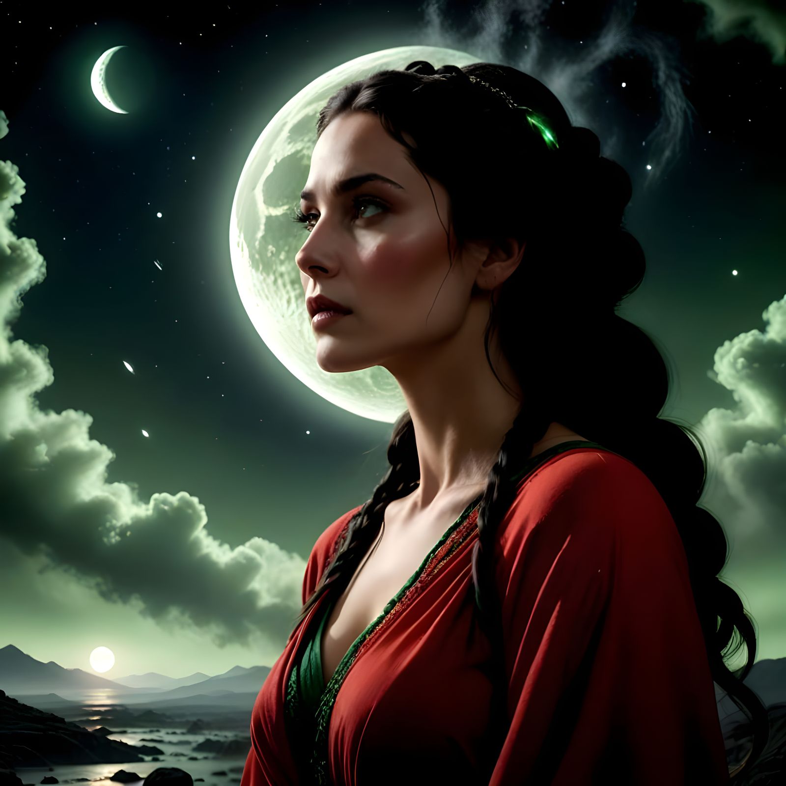 Woman in a  red gown  stares out into space