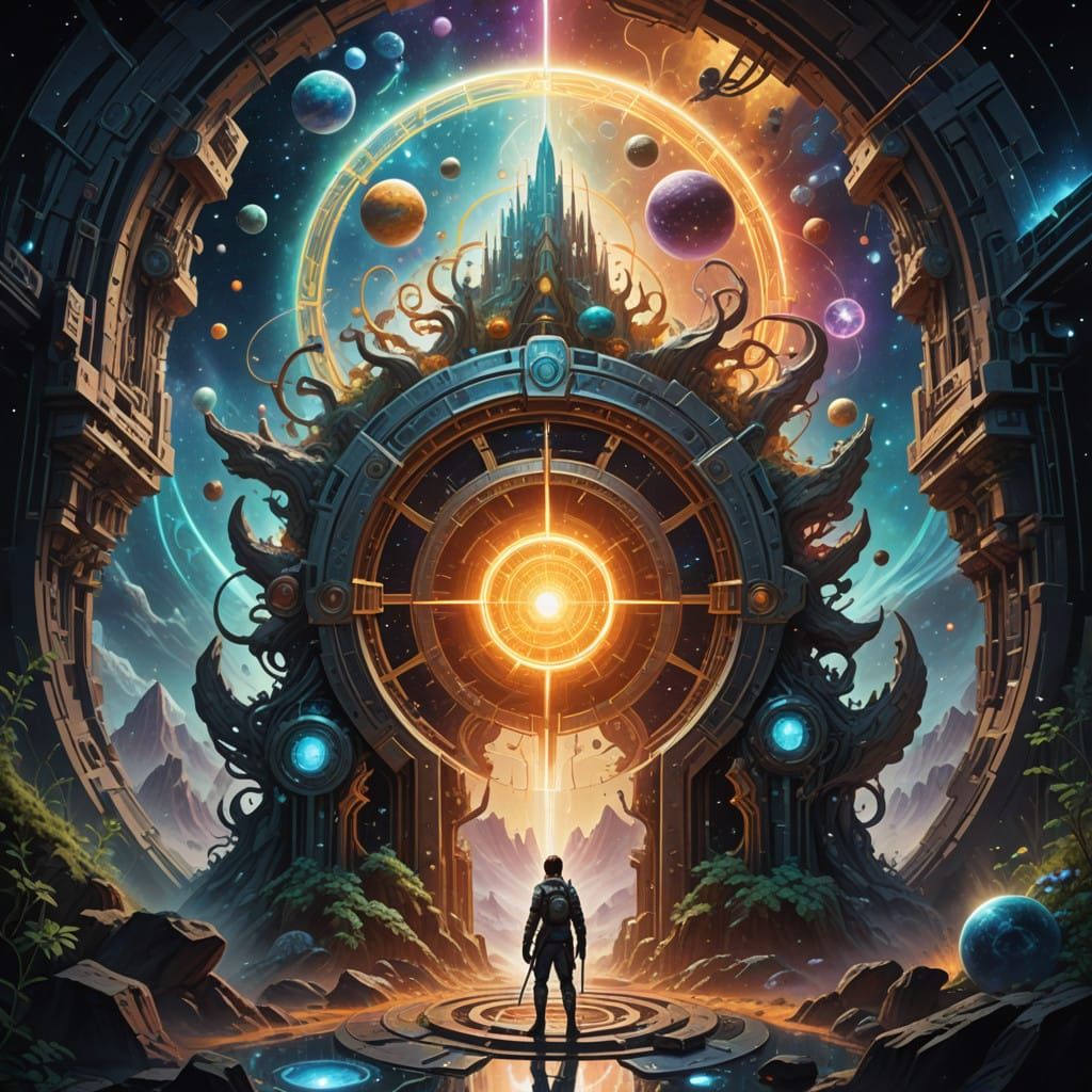 Heroes Emerge from Cosmic Portal in Vibrant Astral Art