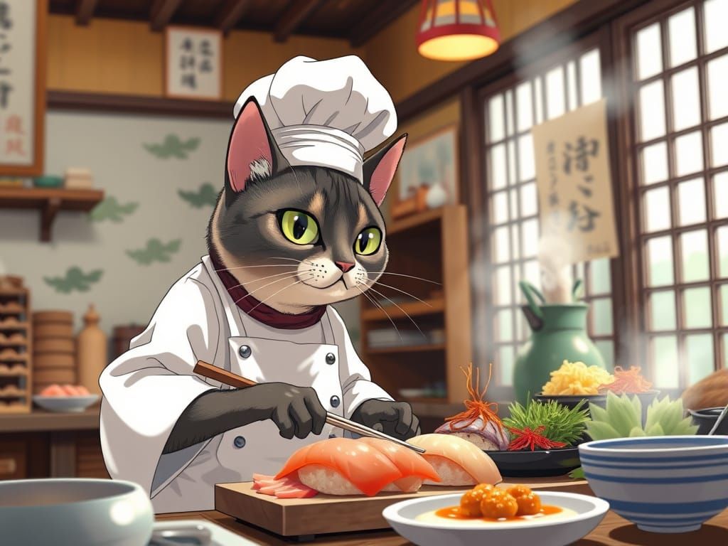Cat Chef Prepares Sushi in Animated Style