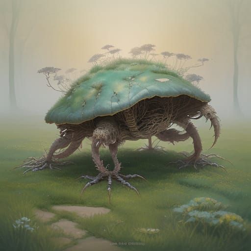 Ethereal Fungal Servant Crawls in Whimsical Anime Style