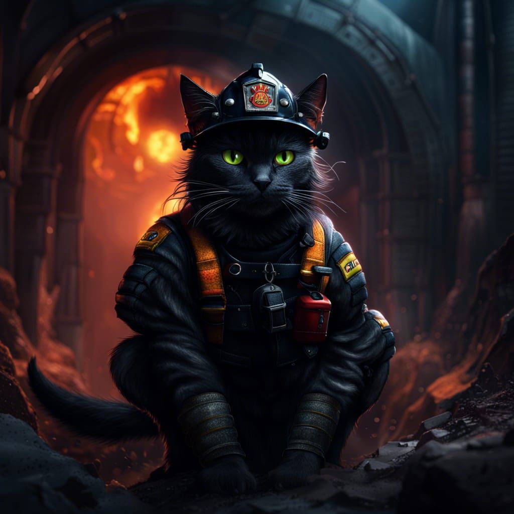 Underground Firefighter Black Cat: Detailed Matte Painting