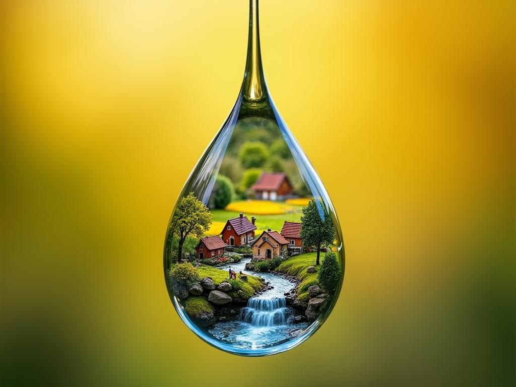 Miniature Village Inside a Water Drop Macro Shot