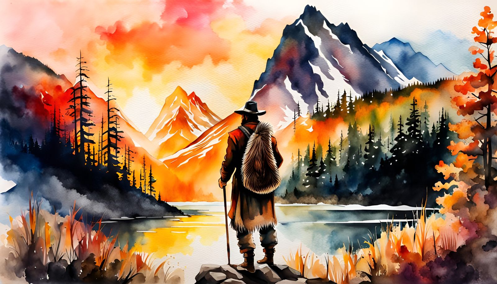 Mountain Man Sunrise Watercolor Double Exposure