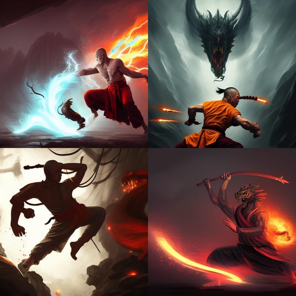 Kung Fu Monk Punches Dragon, Fantasy Art