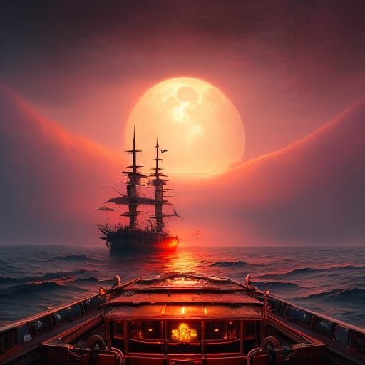 Steampunk Raft Under Blood Moon, Detailed Digital Art