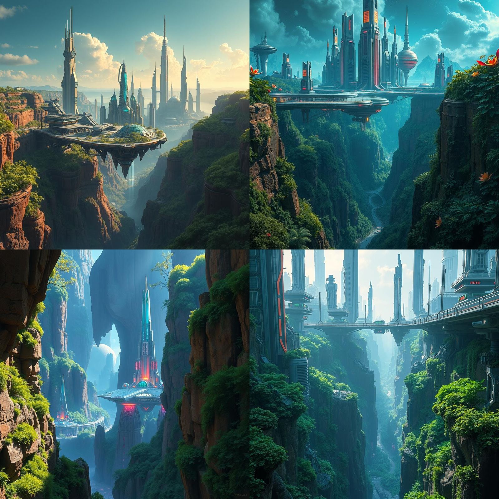 Futuristic City Floating in Canyon with Green Overgrowth