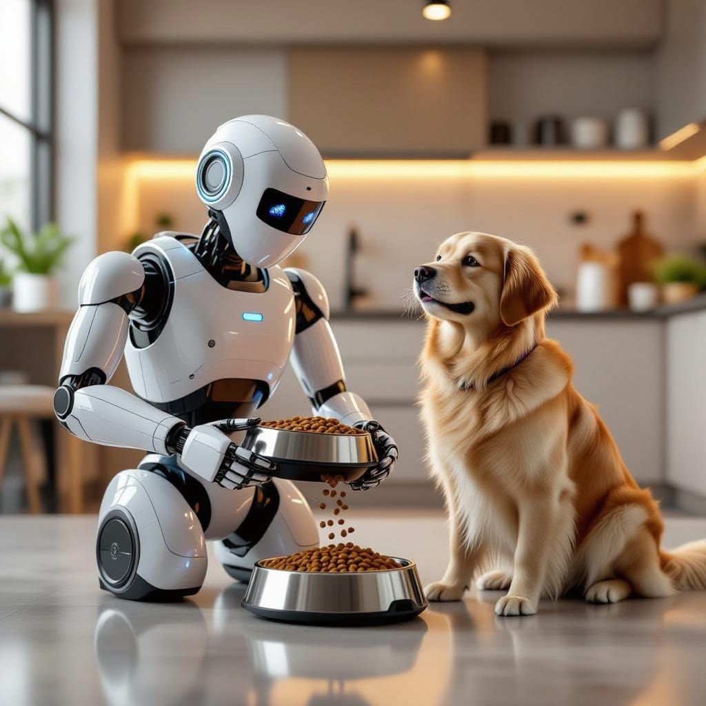 Robot Feeds Golden Retriever in Modern Kitchen