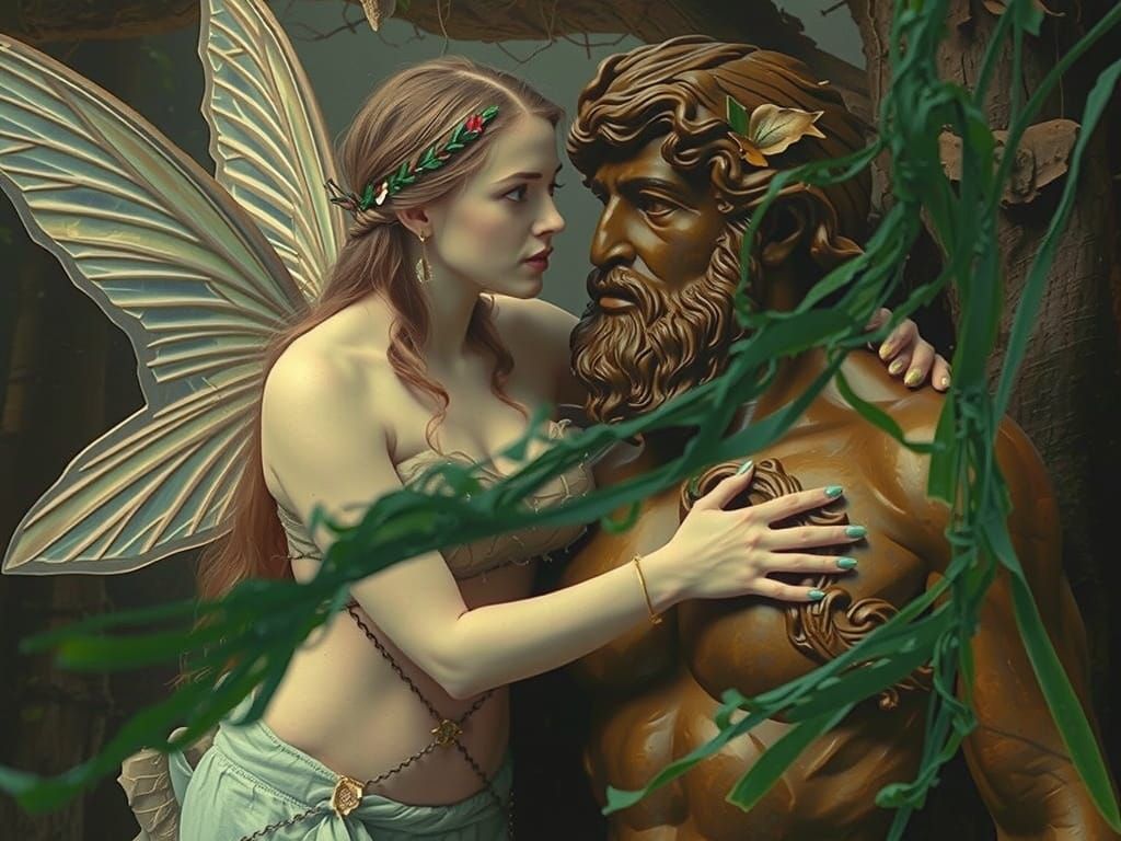 Enchanted Fairy Beside Adonis Statue in Misty Forest