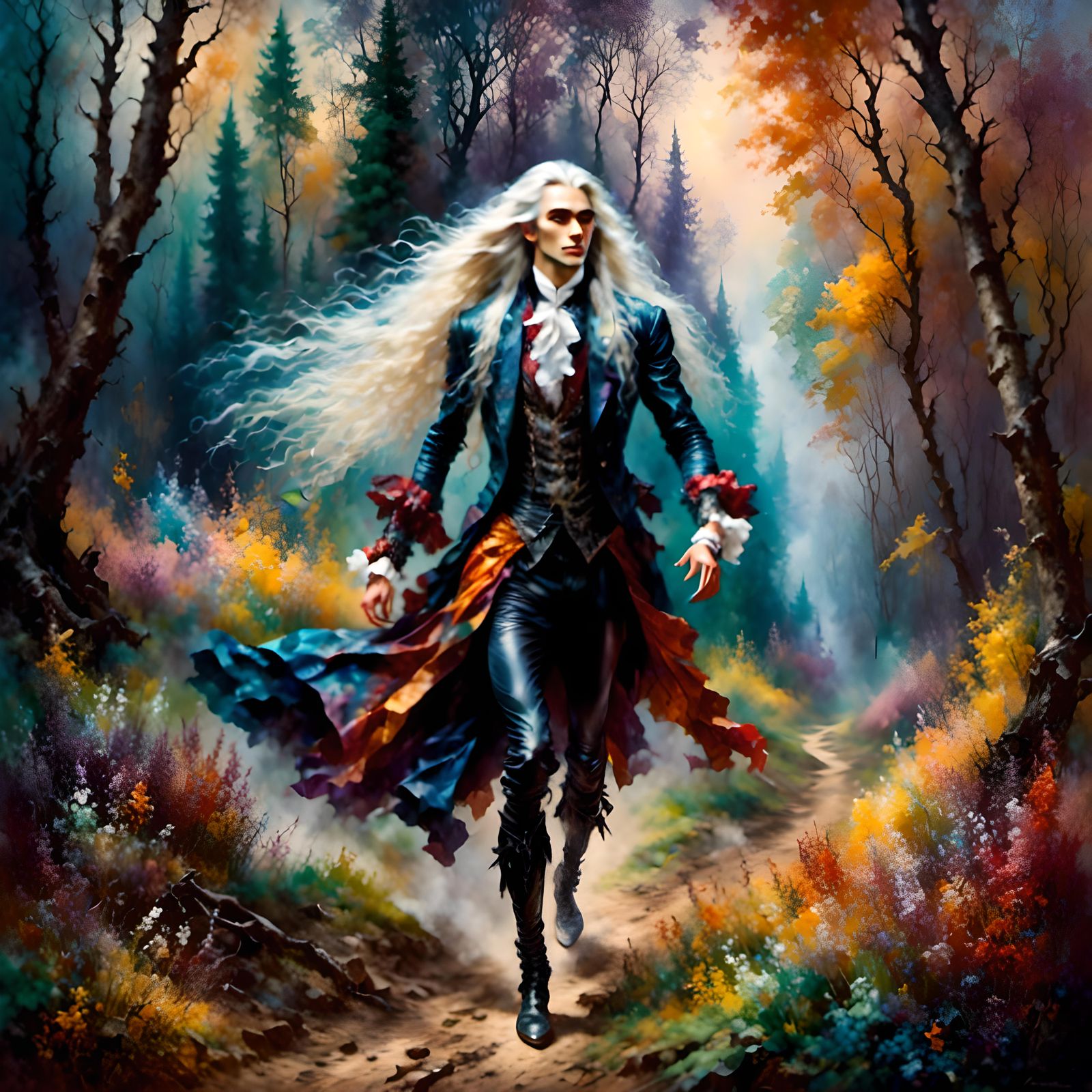 Magnificent Elf Walking Through a Colorful Forest