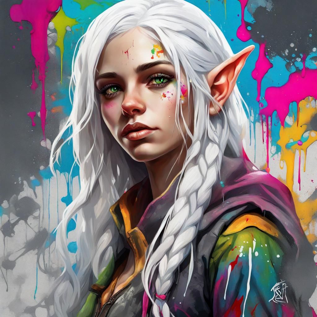Teen Elf with White Hair in Graffiti Art Style