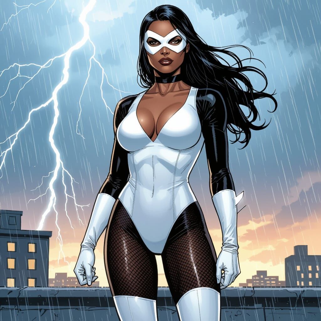Stormy Rooftop: Elegant Superhero in Comic Style