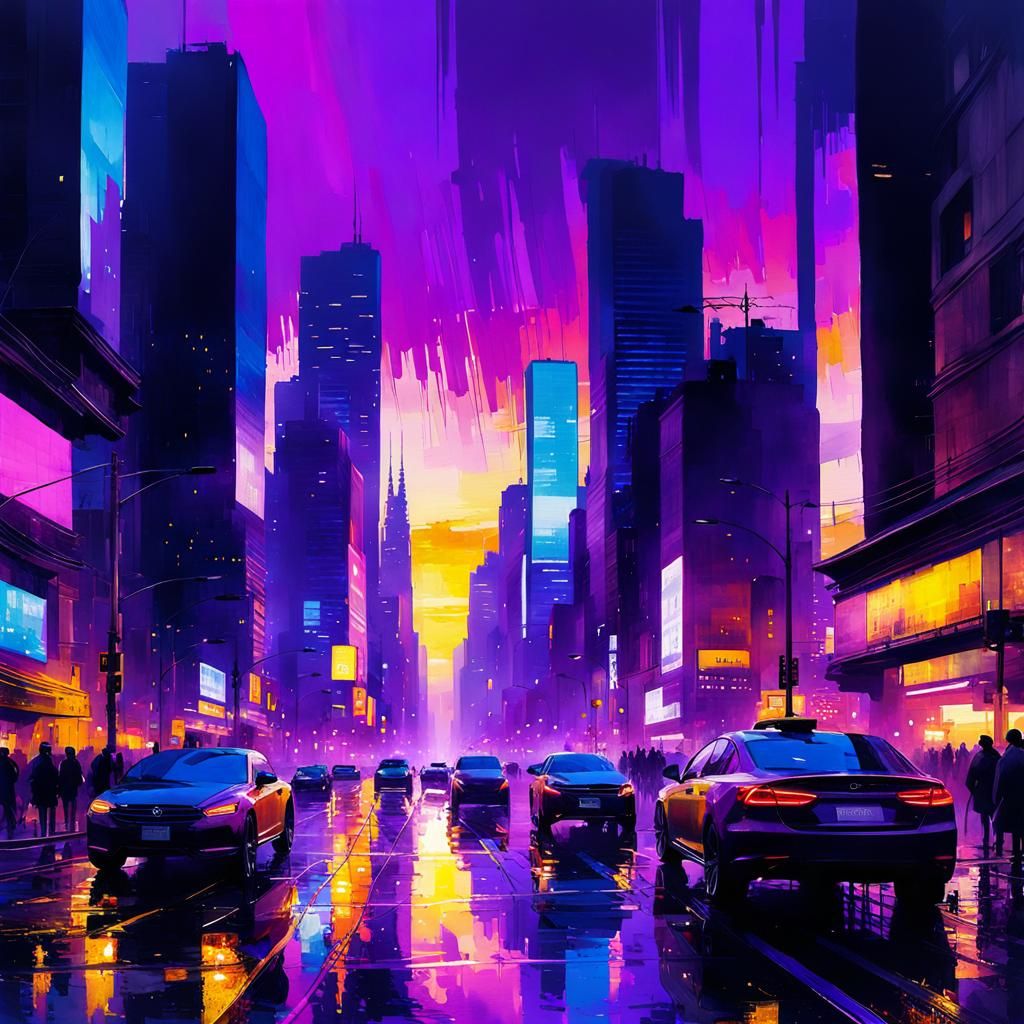 Glitchy Watercolor Cityscape at Dusk