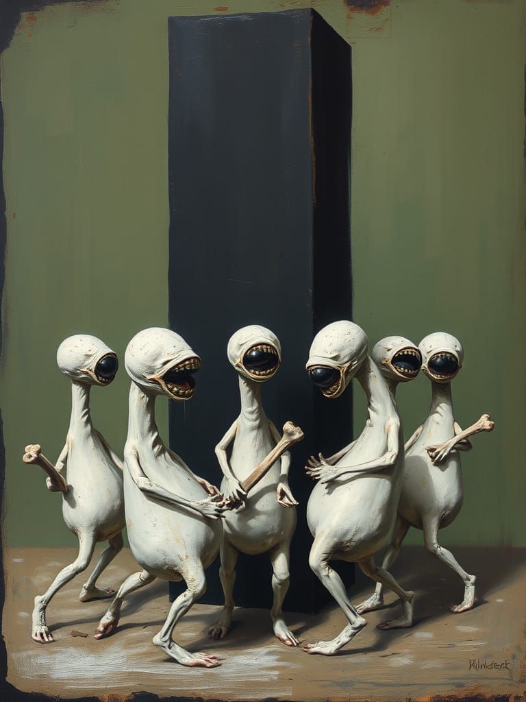 Abstract Surreal Figures Dancing Around a Monolith in a Dist...