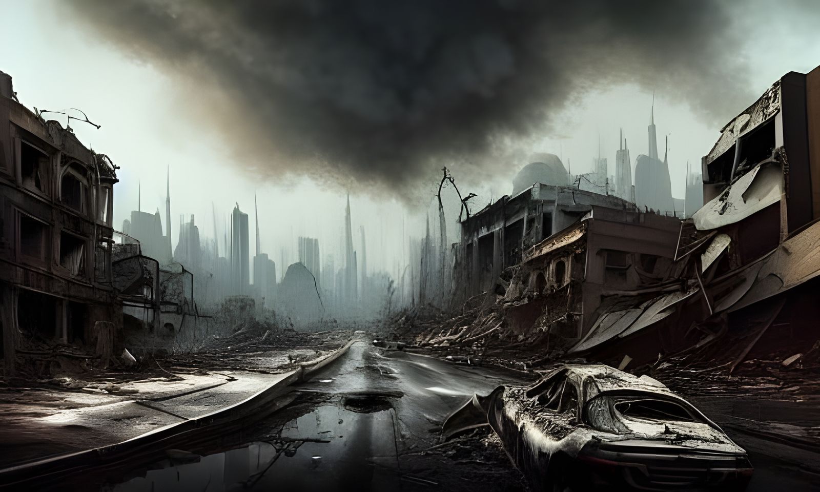 Post-Apocalyptic Cityscape with Burning Buildings