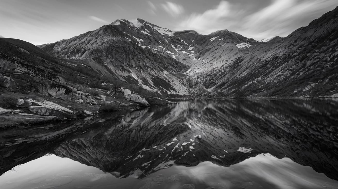 Monochrome Mountain Lake Reflecting Snow-Dusted Peaks