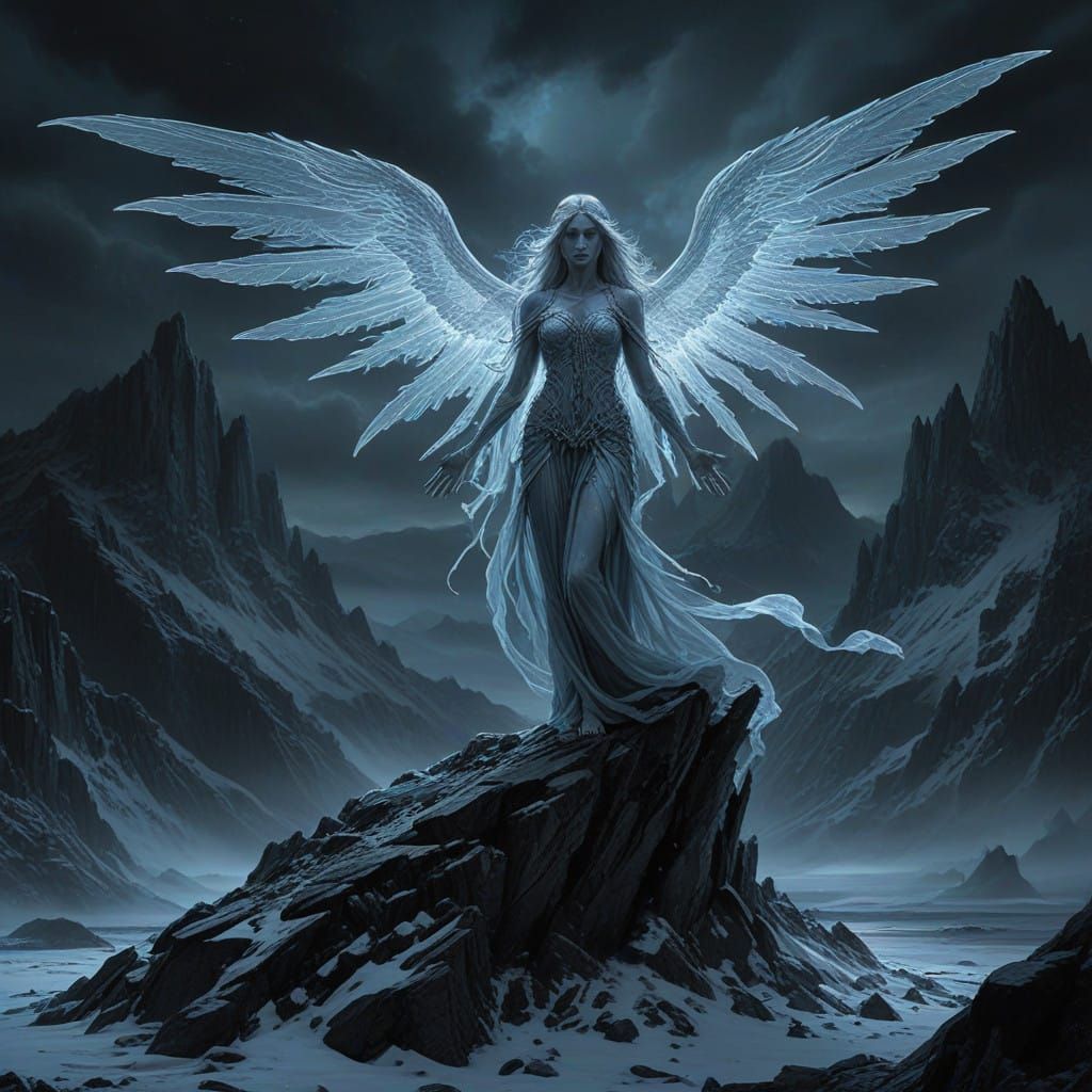 Ethereal Ice Angel Scream on Snowy Mountain Peak