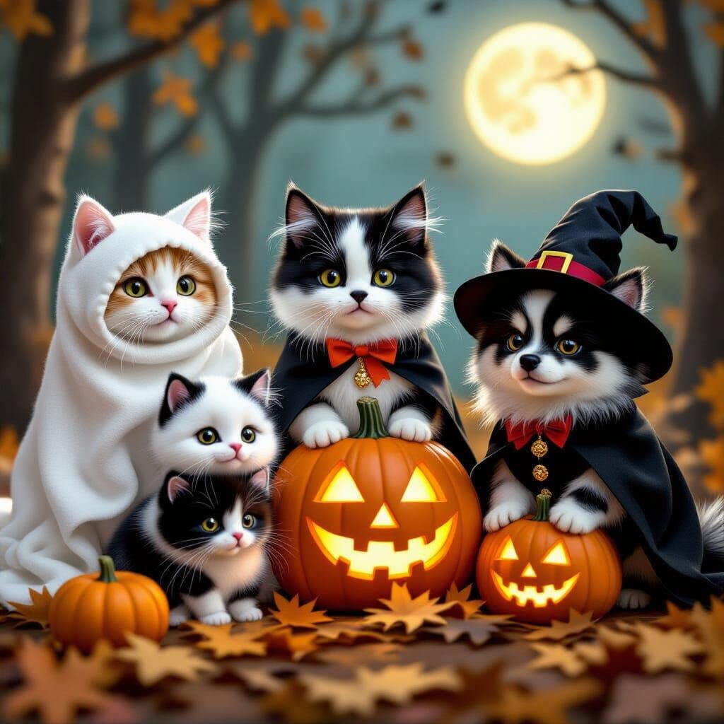 Cute Skunks in Halloween Costumes Under Full Moon