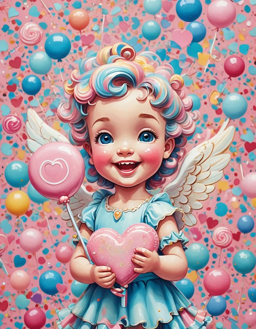 Retro Pop Art Cherub with Heart Lollipop