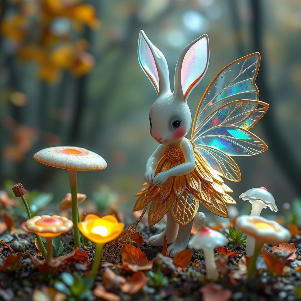 Whimsical Rabbit Fairy Tending Enchanted Glass Garden
